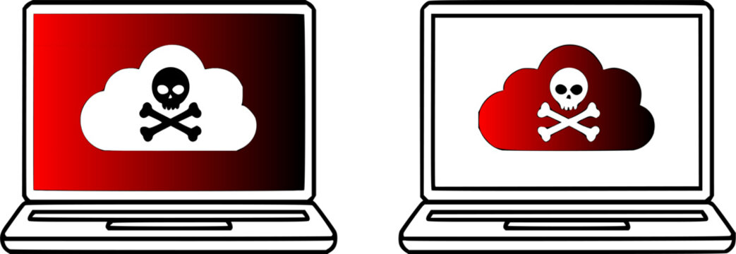 Cyber security malware attack icon set featuring laptop screens infected with a skull and crossbones cloud symbol representing hacked data, piracy, ransomware, and virus risk.