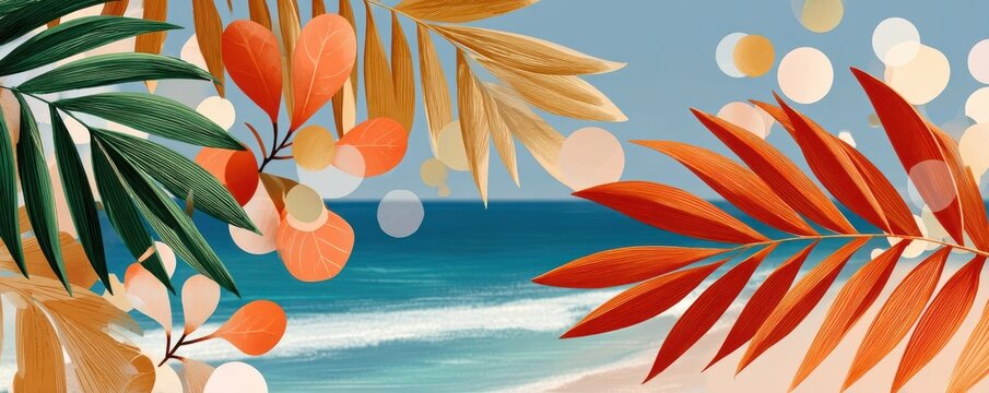 Vibrant tropical palm leaves framing a calm ocean beach with soft bokeh and warm colors