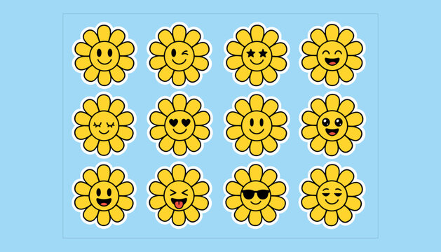 Cool retro stickers set with colorful cartoon sunflower shapes. Floral smileys and vintage chamomile elements, cute y2k style for fun decorative ideas.