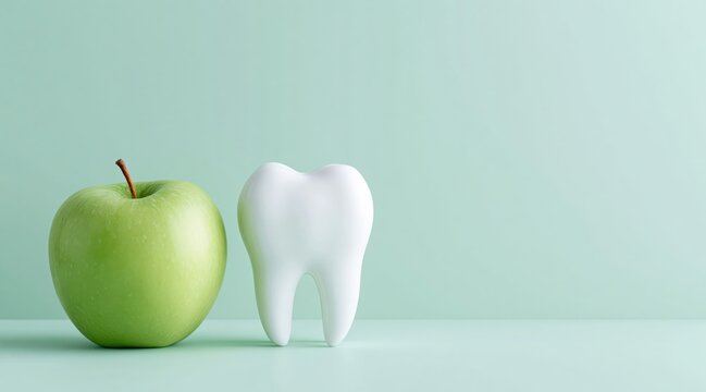 Green apple and white molar tooth model on light green background