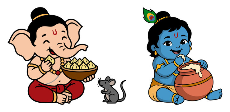 Cute baby Ganesha and little Krishna collection with modak sweets, butter pot and traditional Hindu festival characters Flat vector illustration