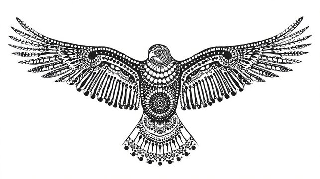 Decorative eagle bird flying with intricate mandala zen pattern design in black and white ink line art style