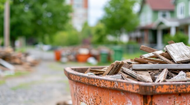 Construction dumpster filled with scrap wood in residential neighborhood