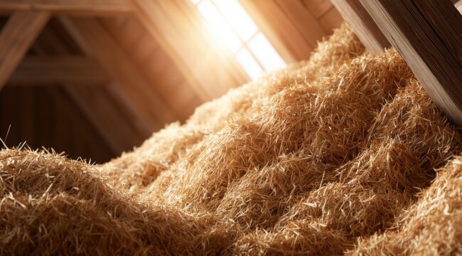 Golden straw pile in barn attic lit by sunlight