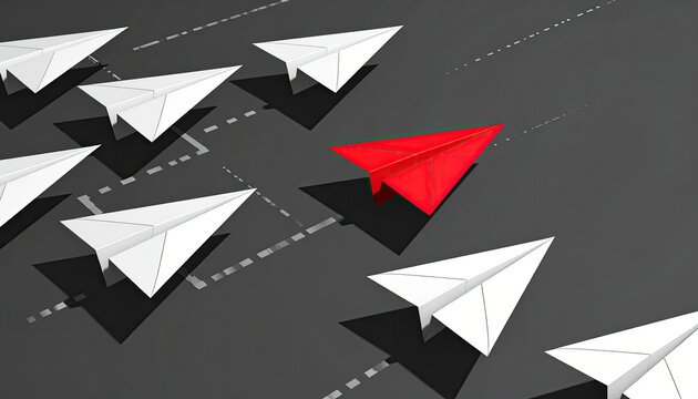 One red paper plane stands out from many white ones, showing difference