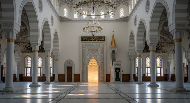 Interior of Grand Mosque with Ornate Islamic Architecture and Soft Natural Light
