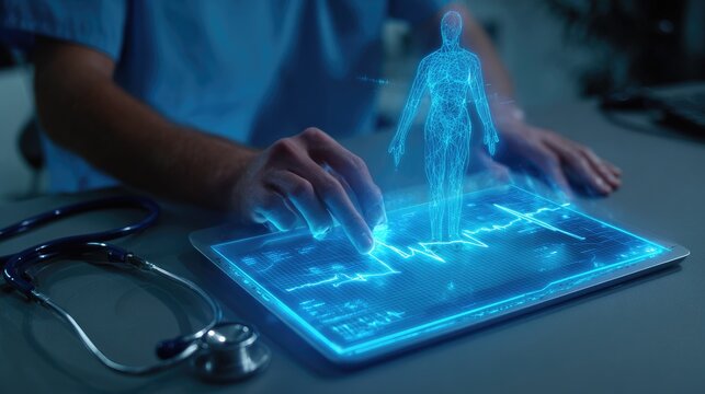 Person interacting with holographic anatomical model on futuristic tablet