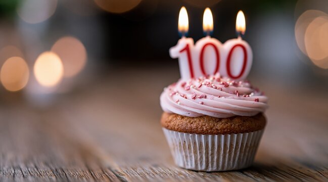 Cupcake with number 100 lit candles on wooden table