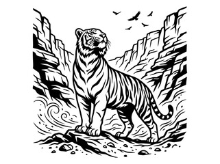 Naklejka premium Sitting tiger silhouette in rocky canyon