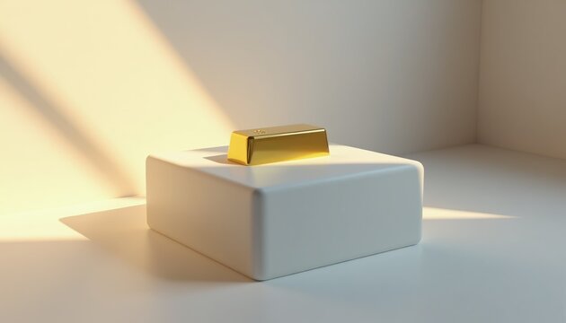 Shiny gold bar rests on white pedestal in minimalist studio. Soft light casts diagonal shadows across the clean background. This object signifies wealth, luxury, investment, and success.