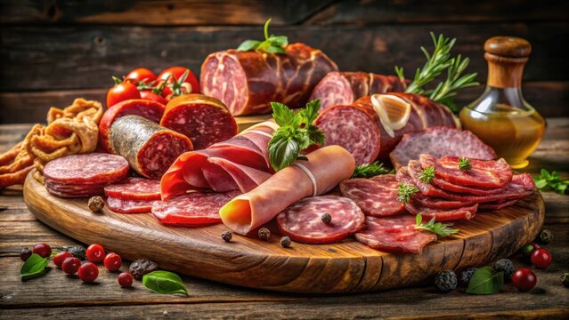 Assorted cured meats on a wooden board