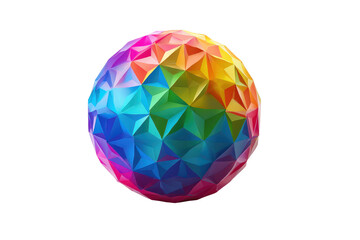 Obraz premium Vibrant prismatic sphere of colors in geometric harmony isolated on transparent background. Colorful geometric origami sphere with rainbow gradient facets isolated on white background.