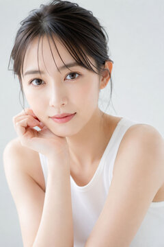 透明感のある素肌と自然な微笑みを見せる若い女性のナチュラルビューティーポートレート。白いノースリーブとまとめ髪が清潔感を引き立て、スキンケア、保湿化粧品、美容液、フェイスケア、素肌美を訴求する美容広告や商業デザインに使いやすい上品で洗練された人物素材