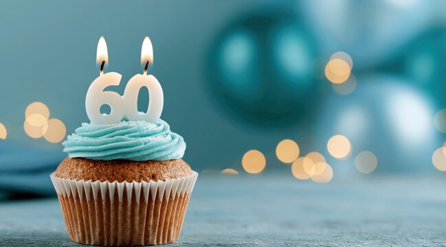 Sixty birthday cupcake with lit candles and blue frosting on bokeh background