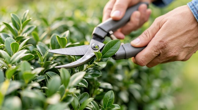 Hands trimming green hedge with pruning shears