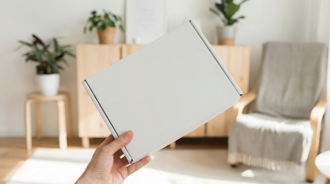 Hand presenting a blank white package inside a modern home