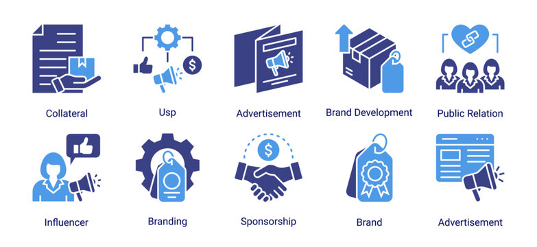 Business branding icon set with advertisement,brand identity,sponsorship,and influencer marketing icons for creative promotion and corporate design.