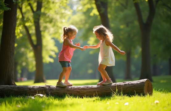 Two young girls balance on a fallen log in a sunlit park. Children play outdoors on a warm afternoon, practicing coordination and balance on a natural obstacle.