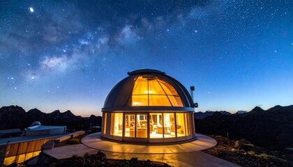 Obraz premium Golden dome greenhouse at twilight with starry sky.