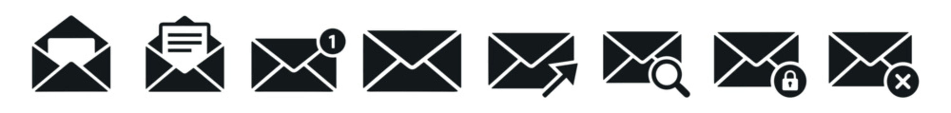 Set of black email and message icons with various symbols on white background on transparent background