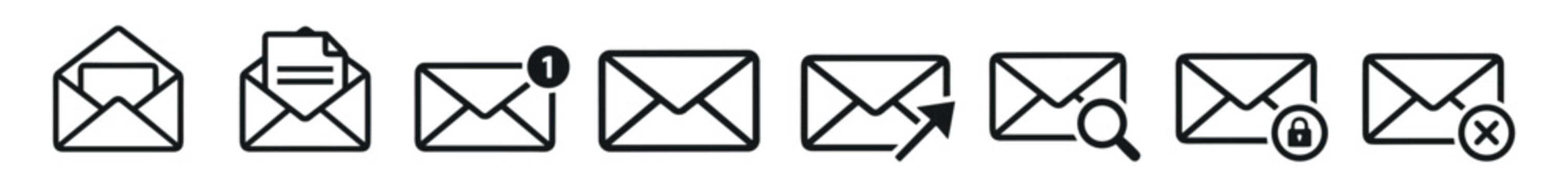 Set of black email icons including open message, new mail notification, send, search, lock, and delete envelope symbols on transparent background