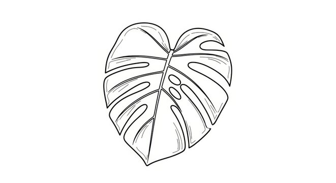 Monstera leaf line drawing on white background isolated illustration