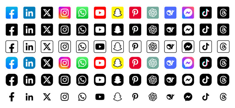 Instagram, Facebook, X, Youtube, WhatsApp, Pinterest, Linkedin, Snapchat - collection of popular social media icons. Editorial only.
