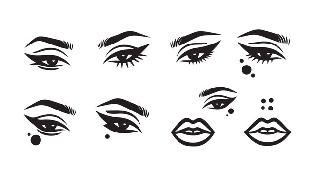 Glamorous Eye Makeup Styles and Bold Lip Designs Minimalist Vector Art