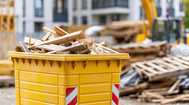 Yellow skip container filled with wood waste on construction site