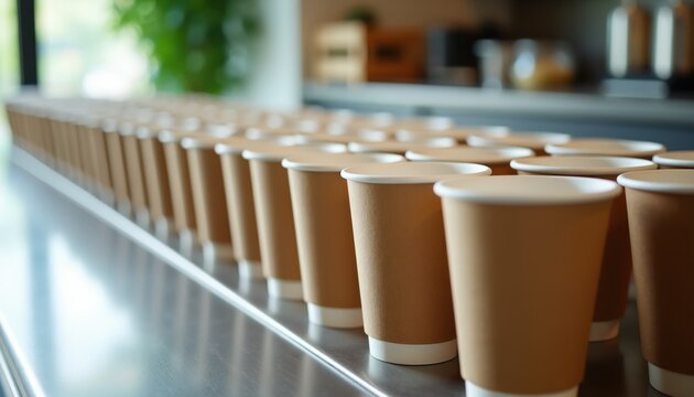 Many brown paper cups lined up on counter. Ready for use at cafe or event. Disposable drinkware for takeout coffee or tea. Eco packaging for beverage service.