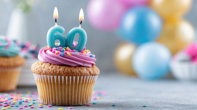 Cupcake with pink frosting and lit number sixty candles for birthday celebration