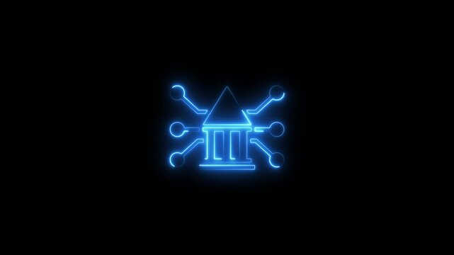 Neon blue bank building with glowing lines and magnifying glasses on black background symbolizing financial investigation and security