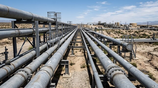Industrial steel pipelines running parallel on metal supports in an outdoor facility.