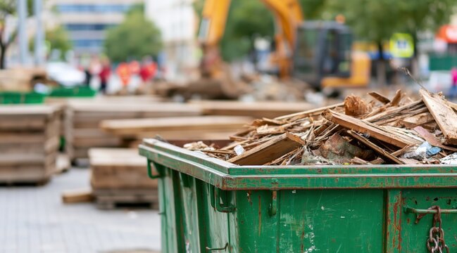 Green dumpster filled with broken wooden planks at construction site