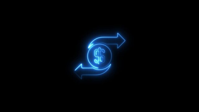 Glowing blue dollar sign with rotating arrows on black background neon effect finance