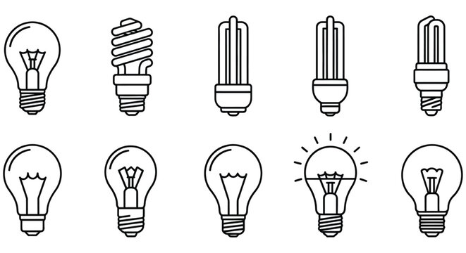 Line art illustration of various light bulbs filament and led styles