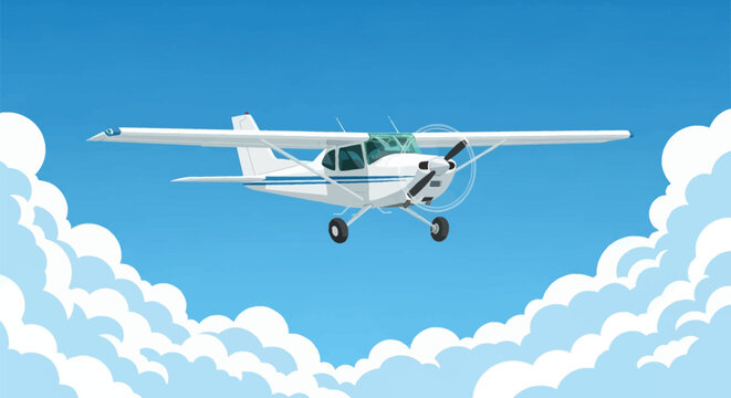 Vector illustration of a white single-engine light aircraft flying through a blue sky with stylized fluffy clouds. High-wing monoplane with propeller and fixed landing gear.
