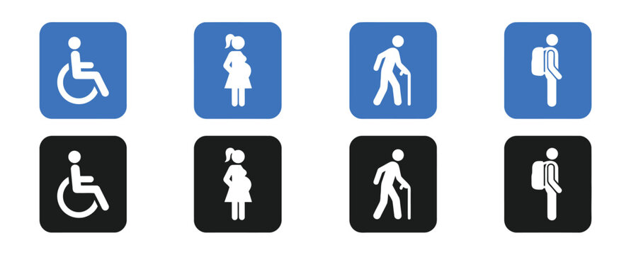 Priority Seat Signs Featuring Accessibility Seating Symbols for Disabled Passengers, Pregnant Women and Elderly People, Blue and Black Vector Transit Graphics