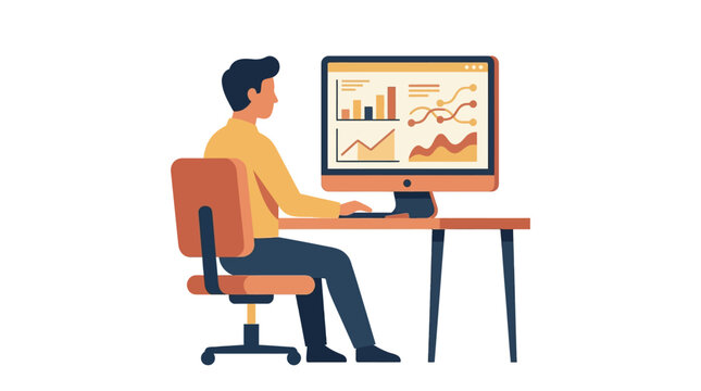 Businessman working on computer, office worker, data analysis, graph and chart isolated on White Background vector eps