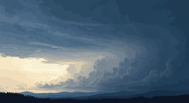 Vector illustration of a dramatic storm sky with swirling dark blue clouds above a silhouetted forest and mountain landscape, featuring bright sunlight breaking through on the horizon.