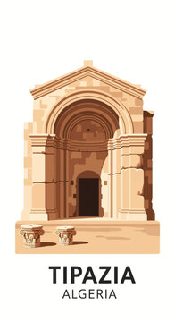 Vector illustration of ancient Roman ruins in Tipaza, Algeria, featuring a stone archway entrance, weathered masonry, and Corinthian column capitals on a white background.