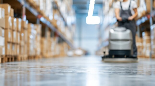 Floor scrubber machine cleaning warehouse floor with bokeh background