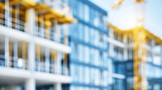 Modern building construction site with yellow crane in blur