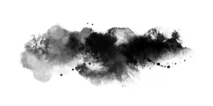 Abstract ink blob, grunge art. Black paint stroke texture in marble style. Wallpaper design. Hand drawn watercolor isolated illustration on transparent background