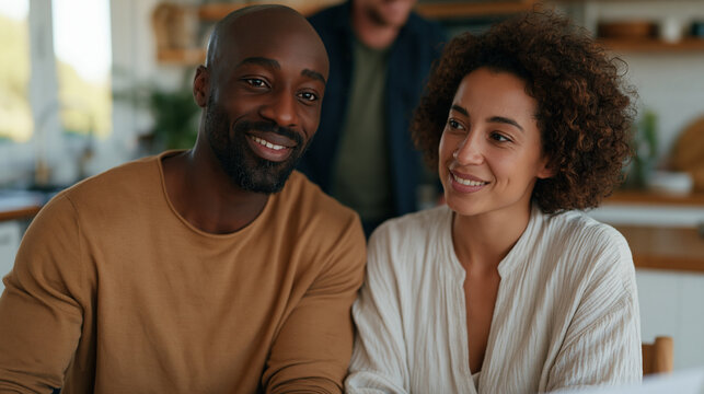 Homeowner couple reviewing rooftop solar loan documents at kitchen table with solar installer, financing options discussion, residential solar power purchase agreement, net