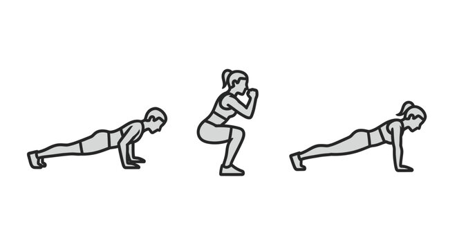 Workout illustrations of push up and squat exercise variations on white backdrop
