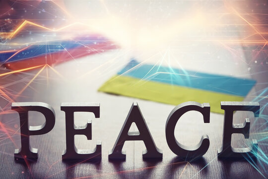 Double exposure Peace Word Written In Wooden Letters and abstract technology background. International conflict, American hegemony, War.