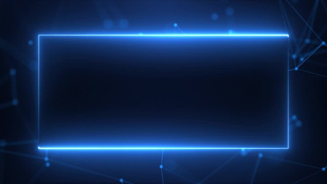 Abstract dark blue background with a glowing neon blue rectangular frame and a network of interconnected glowing dots and lines keywords: abstract, background, blue, dark, neon, glowing, frame