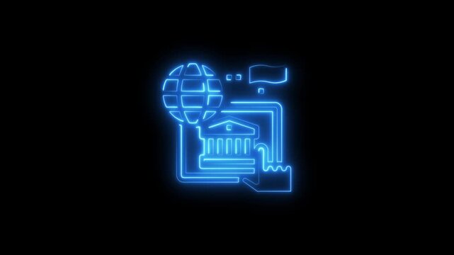 Neon blue futuristic global network connection concept with 3 d globe and building on black background