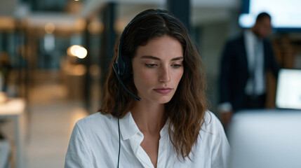 Obraz premium Exhausted call center employee completes knowledge management enterprise search query training module on headset-equipped workstation during mandatory break, open-plan floor